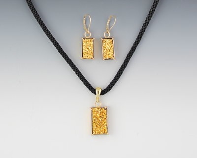 My "Gold Rush" Natural Drusy (23kt gold plated drusy) suite in hand-made 14kt gold settings--Earrings $675/Pendant-Enhancer $495/handwoven black cord with GF adjustable chain $75. Email if interested as not on my website.